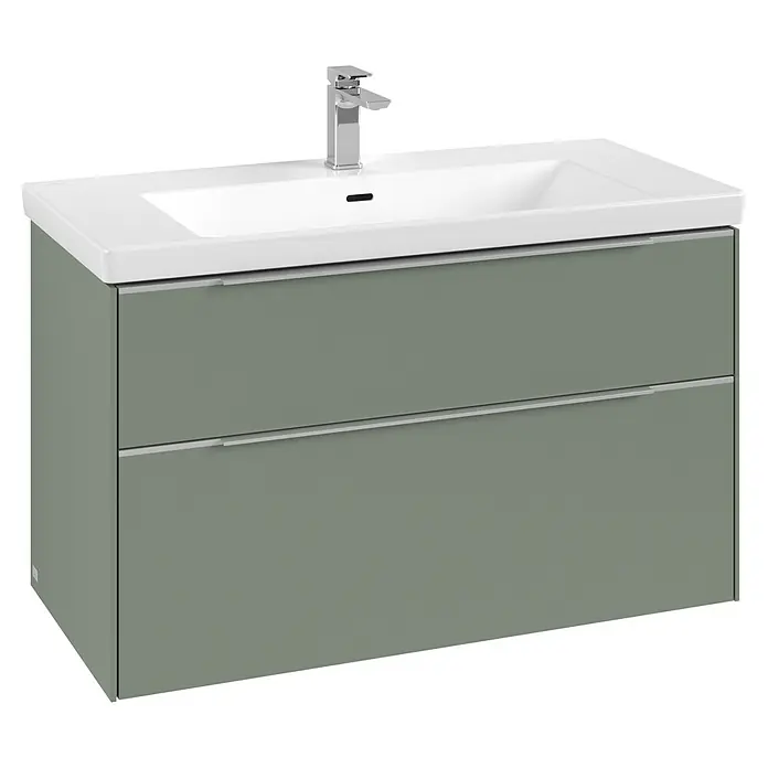 Villeroy & Boch Subway 3.0 Waschbeckenunterschrank - Soft Green, Anzahl Schubladen: 2 Stk., Farbe Griff: Aluminium glänzend, B x T x H: 97,3 x 47,8 x 57,6 cm - Wandhängender Waschtischunterschrank in Salbeigrün mit weißem Keramikwaschbecken, Chromarmatur und zwei Schubladen.