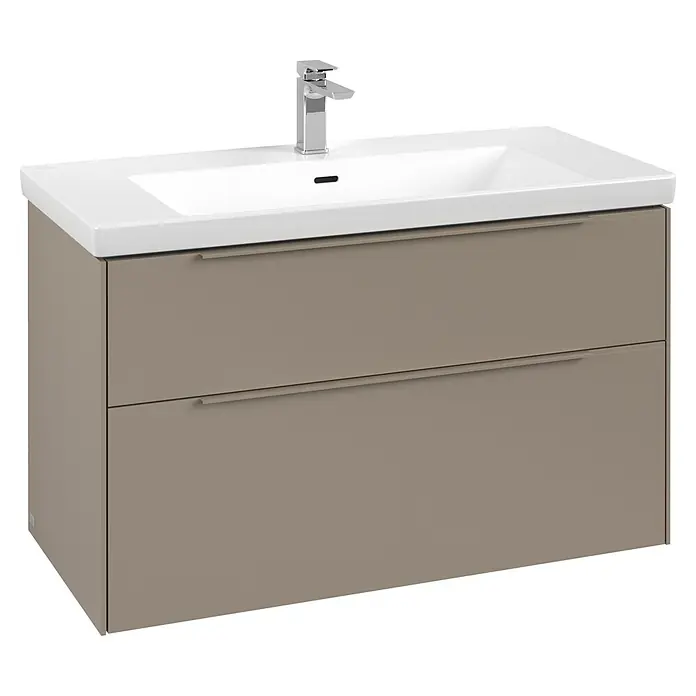 Villeroy & Boch Subway 3.0 Waschbeckenunterschrank - Taupe, Anzahl Schubladen: 2 Stk., Farbe Griff: Monochrom, B x T x H: 97,3 x 47,8 x 57,6 cm - Moderner taupefarbener Badunterschrank mit integriertem weißen Waschbecken und Chromarmatur, mit zwei grifflosen Schubladen.