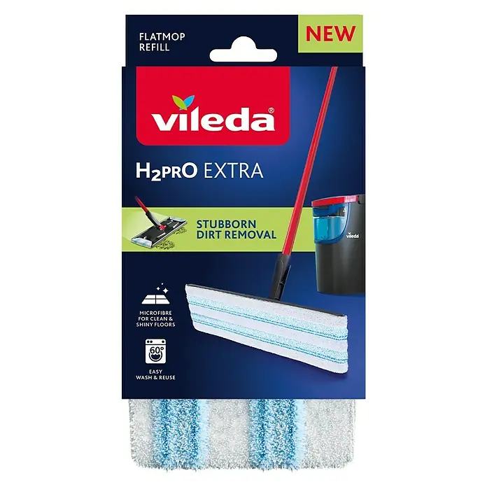 Vileda Ersatz-Bezug H2PRO Extra Flat Mop - Mikrofaser, Passend für: Vileda H2PRO Flat Mop System - Das Vileda H2Pro Extra Flatmop-Ersatzpad für die gründliche Reinigung und mühelose Entfernung hartnäckiger Verschmutzungen auf Ihren Böden.