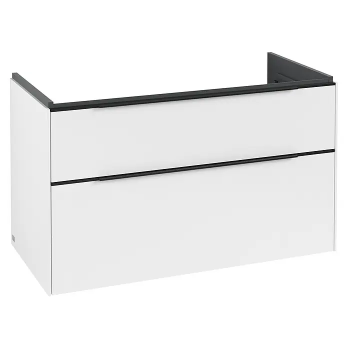Villeroy & Boch Subway 3.0 Waschbeckenunterschrank - Pure White, Anzahl Schubladen: 2 Stk., Farbe Griff: Volcano Black, B x T x H: 97,3 x 47,8 x 57,6 cm - Weißer wandmontierter Waschtischunterschrank mit zwei Schubladen, dunkelgrauer Oberkante und Griffen.