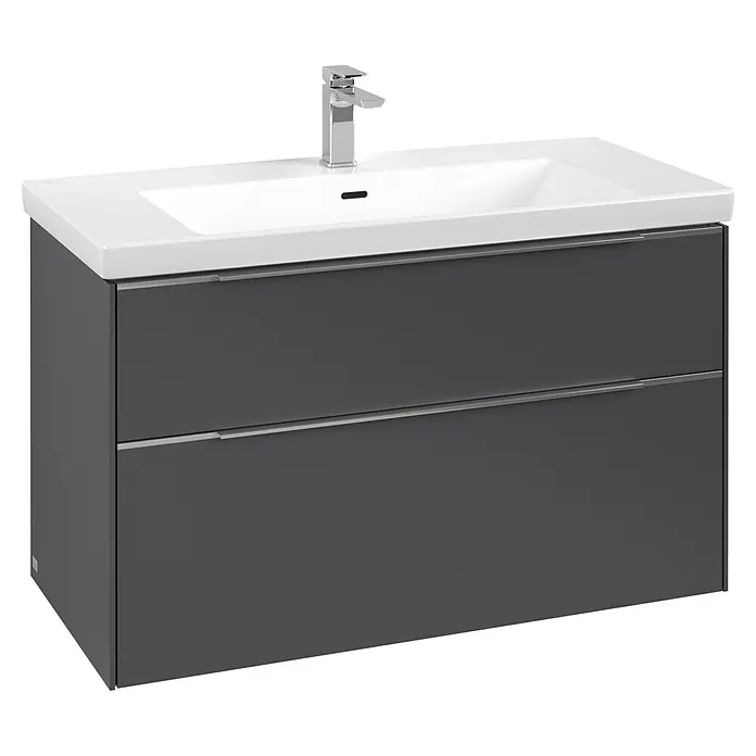 Villeroy & Boch Subway 3.0 Waschbeckenunterschrank - Graphite, Anzahl Schubladen: 2 Stk., Farbe Griff: Aluminium glänzend, B x T x H: 97,3 x 47,8 x 57,6 cm - Dunkelgrauer Badunterschrank mit zwei Schubladen, integriertem weißem Keramikwaschbecken und Chromarmatur.