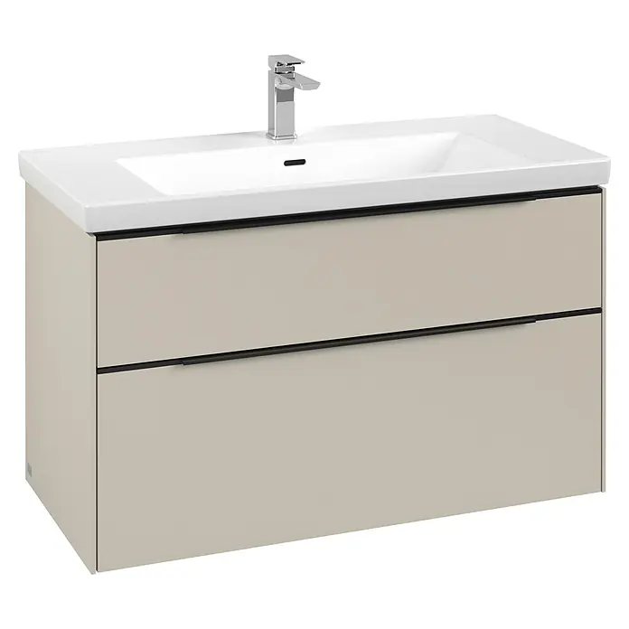 Villeroy & Boch Subway 3.0 Waschbeckenunterschrank - Cashmere Grey, Anzahl Schubladen: 2 Stk., Farbe Griff: Volcano Black, B x T x H: 97,3 x 47,8 x 57,6 cm - Beiger Badunterschrank mit zwei Schubladen, weißem Keramikwaschbecken und Chromarmatur.