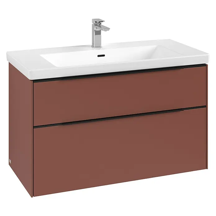 Villeroy & Boch Subway 3.0 Waschbeckenunterschrank - Wine Red, Anzahl Schubladen: 2 Stk., Farbe Griff: Volcano Black, B x T x H: 97,3 x 47,8 x 57,6 cm - Brauner Waschtischunterschrank mit zwei Schubladen, weißem Keramikwaschbecken und Chromarmatur.