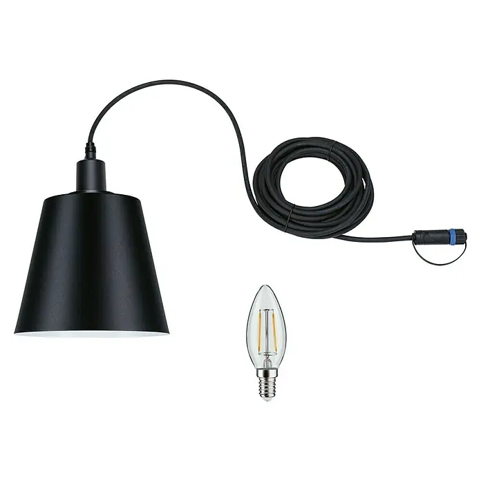 Paulmann Plug & Shine Lámpara solar colgante Kofia - 2 W, Gris, Altura: 514 cm - Imagen de producto de una lámpara colgante negra con bombilla LED y cable de alimentación para iluminación ambiental.