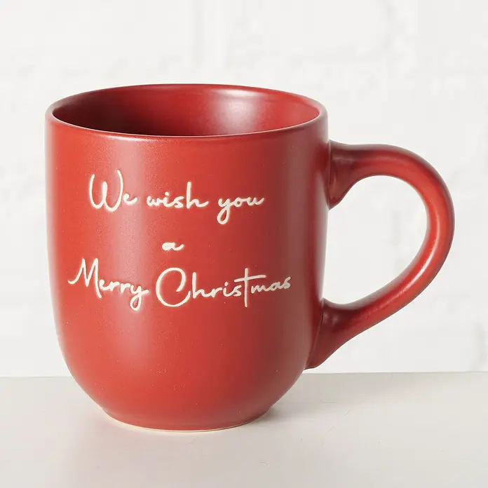 Boltze Tasse Merry Christmas - Rot, L x B x H: 8,3 x 8,3 x 9,5 cm, 300 ml - Rote Keramik-Weihnachtstasse mit "We wish you a Merry Christmas" in weißer Schrift.