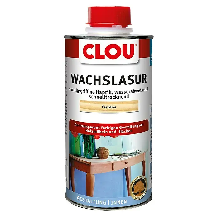 Clou Aqua Wachslasur W11 - Farblos, 250 ml - Dose Clou Wachslasur für samtig-griffige Holzoberflächen, wasserabweisend und schnelltrocknend, zur transparent-farbigen Gestaltung von Möbeln.