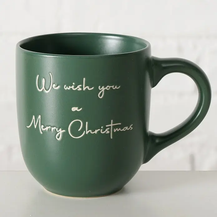 Boltze Tasse Merry Christmas - Dunkelgrün, L x B x H: 8,3 x 8,3 x 9,5 cm, 300 ml - Dunkelgrüne Keramiktasse mit weißer Aufschrift "We wish you a Merry Christmas".