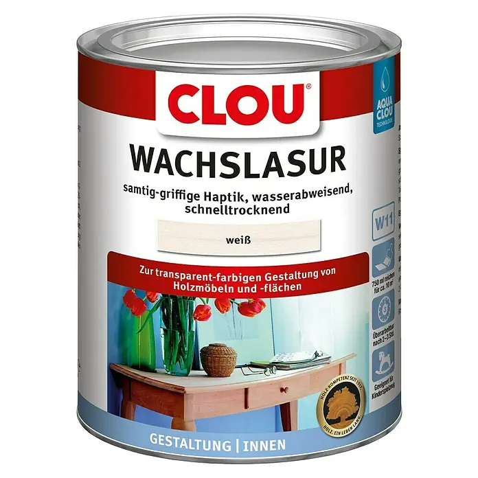 Clou Aqua Wachslasur W11 - Weiß, 750 ml - Dose Clou Wachslasur weiß, eine Wachslasur für die transparente Gestaltung von Holzmöbeln und -flächen im Innenbereich.