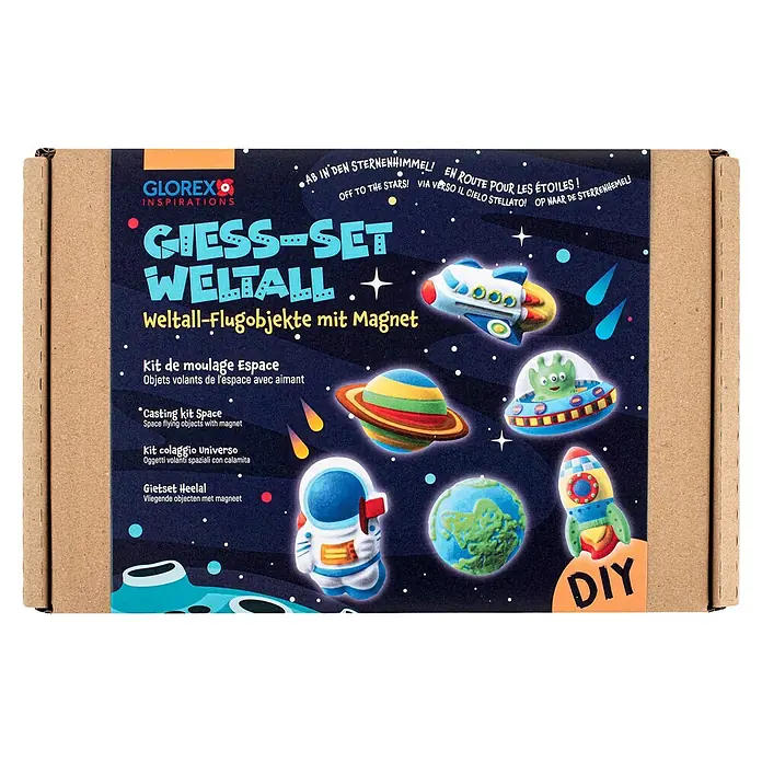 Glorex Bastel-Set Giess-Set Weltall - 12 Stk., Bunt - DIY-Gieß-Set Weltall mit Weltraum-Flugobjekten und Magneten, um eigene kosmische Kreationen zu erschaffen.