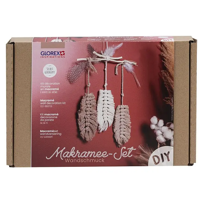 Glorex Bastel-Set Makramee Wandschmuck - Beige/Braun - Makramee-Set für Wanddekorationen mit Federn und Naturmaterialien. Ideal, um Ihr Zuhause mit DIY-Wandkunst zu verschönern.