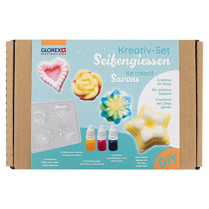 Glorex Bastel-Set Kreativ-Set Seifengiessen - 8 Stk., Gelb/Rot/Blau - Bastelset zum Seifengießen mit verschiedenen Formen und Farben für selbstgemachte Seifenkreationen.