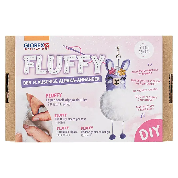 Glorex Bastel-Set Fluffy Anhänger - 1 Stk., Lila/Weiß - Ein "Fluffy Alpaka"-DIY-Set von Glorex Inspirations. Das Set enthält alles, um einen flauschigen Alpaka-Anhänger selbst zu nähen.