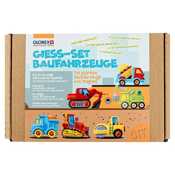 Glorex Bastel-Set Giess-Set Baufahrzeuge - 12 Stk., Bunt - Bastelset "Baufahrzeuge" von Glorex mit Gießformen für Betonfahrzeuge mit Magneten. Für kreative Bauprojekte im Kinderzimmer.