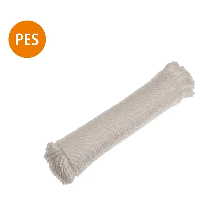 Seil - 3 mm x 22 m, Polyester, Weiß, Belastbarkeit: 17 kg - Weißes Polyesterseil, zylindrisch gebündelt, mit 'PES' in einem orangefarbenen Kreis.