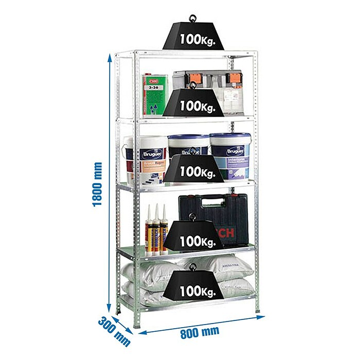 Simonrack Simonclassic Metallregal (L x B x H: 30 x 80 x 180 cm, Traglast: 100 kg/Boden, Anzahl Böden: 5 Stk., Silber)