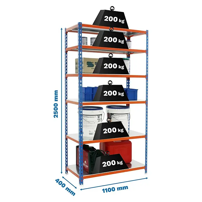Simonrack Simonclick Metallregal Simonclick Super Plus - H x B x T: 250 x 110 x 40 cm, Traglast pro Boden: 200 kg, Anzahl Böden: 6 Stk., Stecken, Blau/Orange/Silber - Abbildung eines stabilen Lagerregals mit sechs Ebenen, belastet mit jeweils 200 kg, ideal für Werkstatt oder Lager.