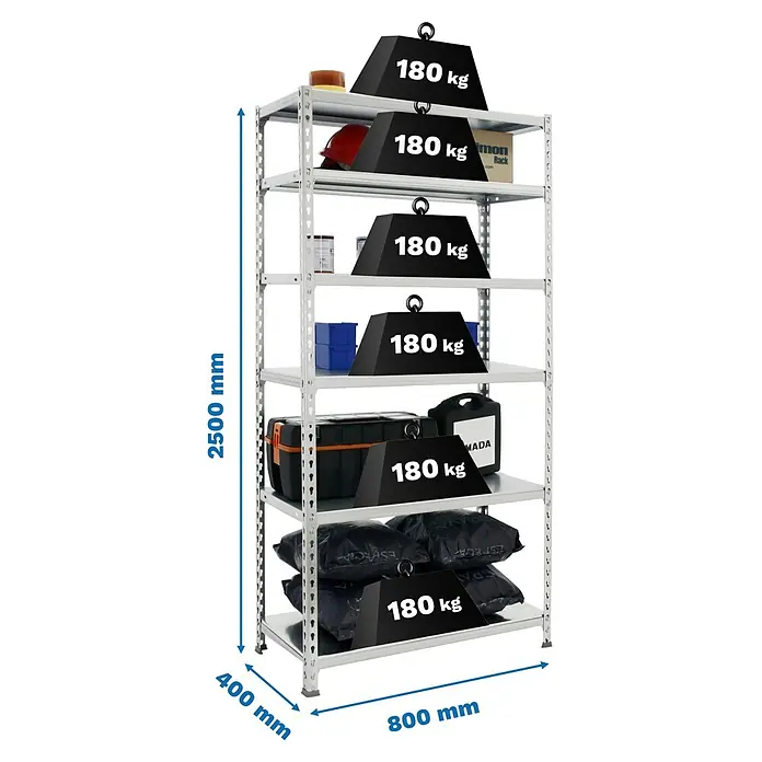 Simonrack Simonclick Metallregal Simonclick Mini - H x B x T: 250 x 80 x 40 cm, Traglast pro Boden: 180 kg, Anzahl Böden: 6 Stk., Stecken, Silber/Silber - Aufnahme eines voll beladenen, verzinkten, verstellbaren Schwerlastregals mit sechs Ebenen, das die Kapazität und Robustheit hervorhebt.