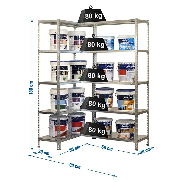 Simonrack Simonclick Estantería metálica Simoncorner (L x An x Al: 30 x 90 x 180 cm, Capacidad de carga: 80 kg/balda, Número de baldas: 10 ud., Tipo de montaje: Inserción, Plateado)