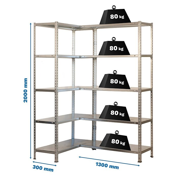 Simonrack Simonclick Estantería metálica Simoncorner (L x An x Al: 30 x 130 x 200 cm, Capacidad de carga: 80 kg/balda, Número de baldas: 10 ud., Tipo de montaje: Inserción, Plateado)