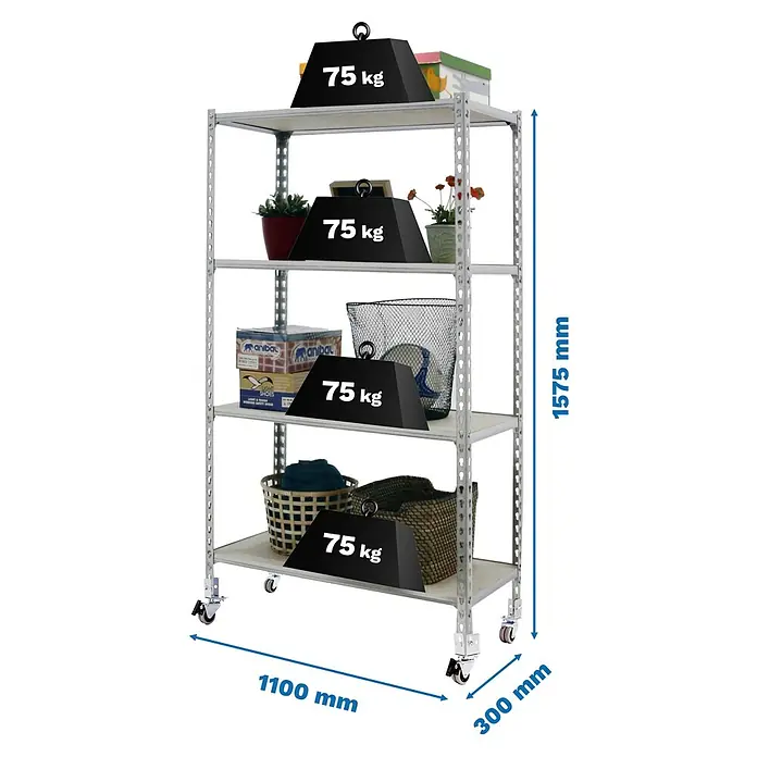 Simonrack Maderclick Estantería metálica Mobile Superplus - Al x An x Pr: 150 x 110 x 30 cm, Número de baldas: 4 ud., Inserción, Galvanizado - Estantería metálica gris de cuatro baldas con ruedas, mostrando su capacidad de carga y dimensiones.