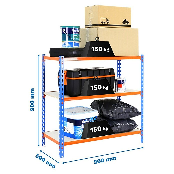 Simonrack Simonclick Metallregal (L x B x H: 50 x 90 x 90 cm, Traglast: 150 kg/Boden, Anzahl Böden: 3 Stk., Blau/Orange)
