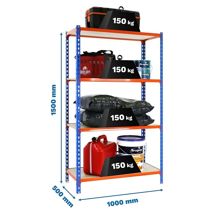 Simonrack Simonclick Metallregal (L x B x H: 50 x 100 x 150 cm, Traglast: 150 kg/Boden, Anzahl Böden: 4 Stk., Blau/Orange)