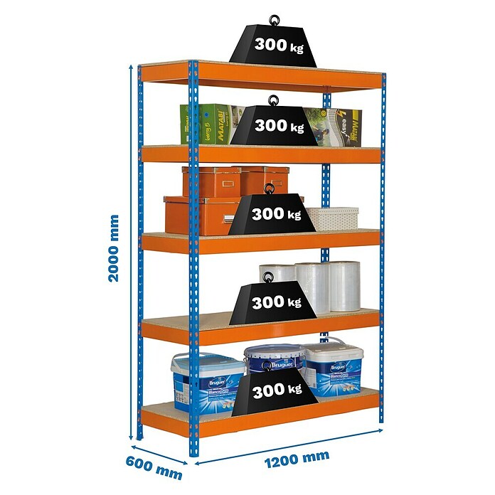 Simonrack Simontaller Metall-Schwerlastregal (L x B x H: 60 x 120 x 200 cm, Traglast: 300 kg/Boden, Anzahl Böden: 5 Stk., Blau/Orange)