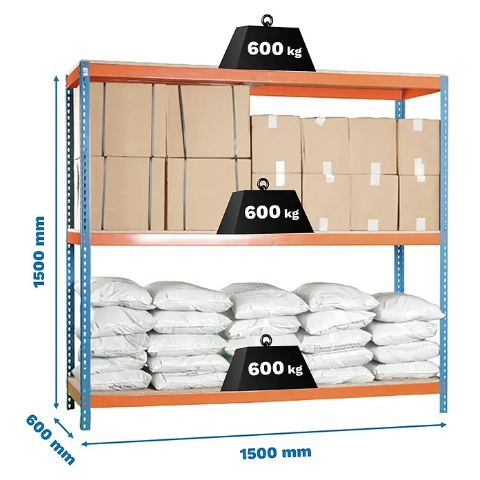 Simonrack Simonforte Schwerlastregal Simonforte Chipboard - H x B x T: 150 x 150 x 60 cm, Traglast pro Boden: 600 kg, Anzahl Böden: 3 Stk., Stecken, Blau/Orange - Regal mit Kartons und Säcken, belastet mit 600 kg pro Ebene. Abmessungen: 1500 mm Höhe, 1500 mm Breite, 600 mm Tiefe.