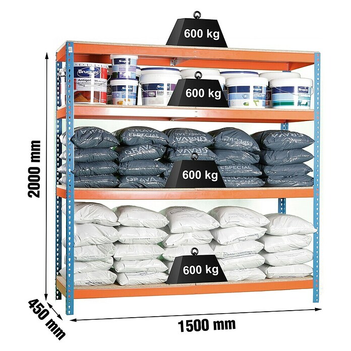 Simonrack Simontaller Metall-Schwerlastregal (L x B x H: 45 x 150 x 200 cm, Traglast: 600 kg/Boden, Anzahl Böden: 4 Stk., Blau/Orange)