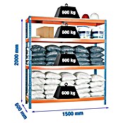 Simonrack Simontaller Metall-Schwerlastregal (L x B x H: 60 x 150 x 200 cm, Traglast: 600 kg/Boden, Anzahl Böden: 4 Stk., Blau/Orange)