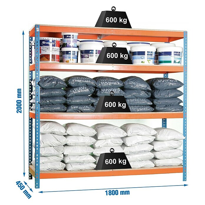 Simonrack Simontaller Metall-Schwerlastregal (L x B x H: 45 x 180 x 200 cm, Traglast: 600 kg/Boden, Anzahl Böden: 4 Stk., Blau/Orange)