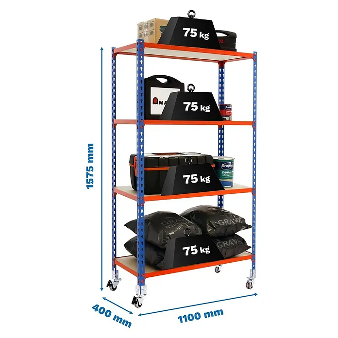 Simonrack Maderclick Estantería metálica Mobile Superplus - Al x An x Pr: 150 x 110 x 40 cm, Número de baldas: 4 ud., Inserción, Azul/Naranja - Estantería móvil azul y naranja con ruedas, cuatro baldas, 1575x1100x400 mm, cada balda soporta 75 kg.