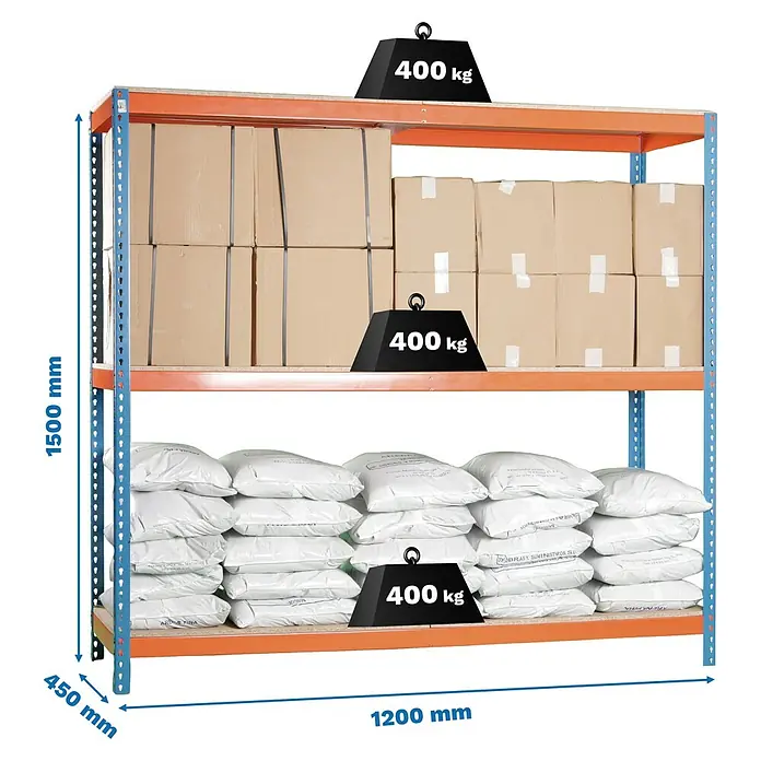Simonrack Ecoforte Schwerlastregal Chipboard - H x B x T: 150 x 120 x 45 cm, Traglast pro Boden: 400 kg, Anzahl Böden: 3 Stk., Stecken, Blau/Orange - Abbildung eines Schwerlastregals mit drei Ebenen, beladen mit Kartons und Säcken, mit Gewichtsangaben.