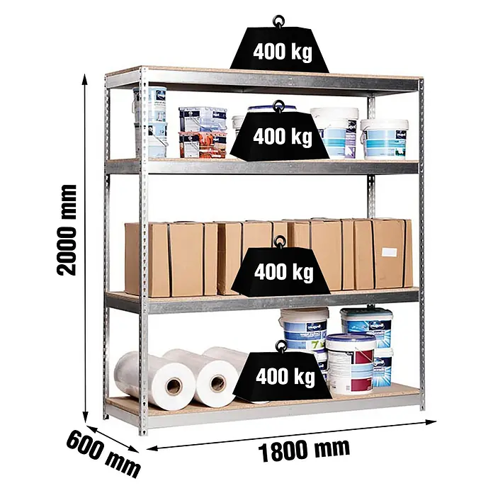 Simonrack Simontaller Schwerlastregal Ecoforte Chipboard - H x B x T: 200 x 180 x 60 cm, Traglast pro Boden: 400 kg, Anzahl Böden: 4 Stk., Stecken, Silber - Vierstöckiges Metallregal mit einer Traglast von 400 kg pro Ebene, ideal für Lagerung und Organisation.