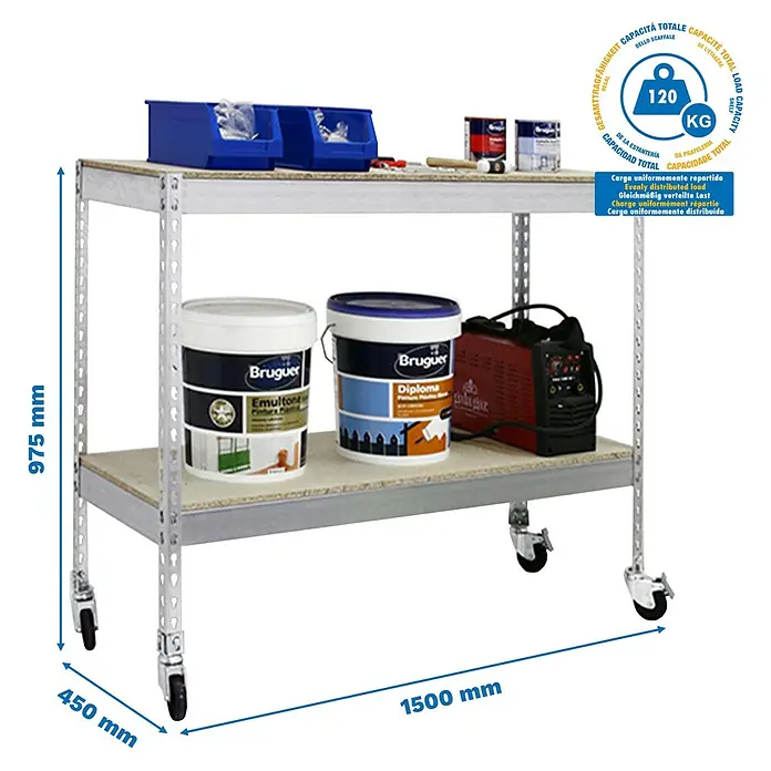 Simonrack Simontaller Metallregal Ecoforte Chipboard Mobil - H x B x T: 90 x 150 x 45 cm, Traglast pro Boden: 75 kg, Anzahl Böden: 2 Stk., Stecken, Silber, Rollen - Aufnahme eines Regals mit zwei Ebenen und Rollen, beladen mit Farbeimern und Werkzeugen, mit Maßangaben.