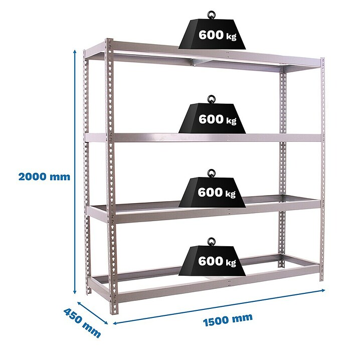 Simonrack Simontaller Estantería para cargas pesadas Simonforte (L x An x Al: 45 x 150 x 200 cm, Capacidad de carga: 600 kg/balda, Número de baldas: 4 ud.)