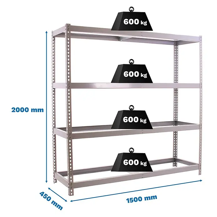 Simonrack Simonforte Estantería para cargas pesadas - Al x An x Pr: 200 x 150 x 45 cm, Número de baldas: 4 ud., Inserción, Galvanizado, Capacidad de carga por balda: 600 kg - Estantería metálica gris con 4 baldas, 2000x1500x450mm, cada balda soporta 600 kg.