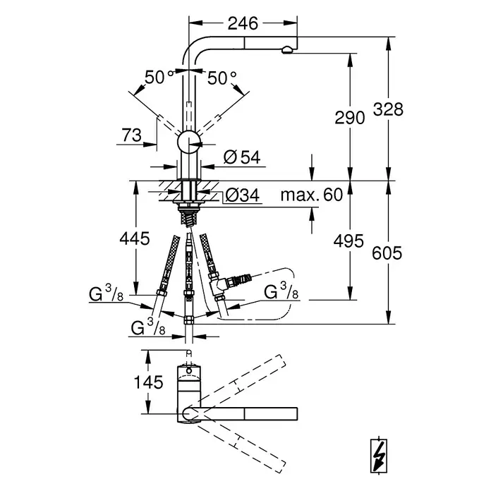 Grohe Spültischarmatur Minta - Niederdruck, Chrom, Glänzend - Eine detaillierte Skizze eines Wasserhahns mit Maßangaben zu Höhe, Breite und Durchmesser für Installationszwecke.