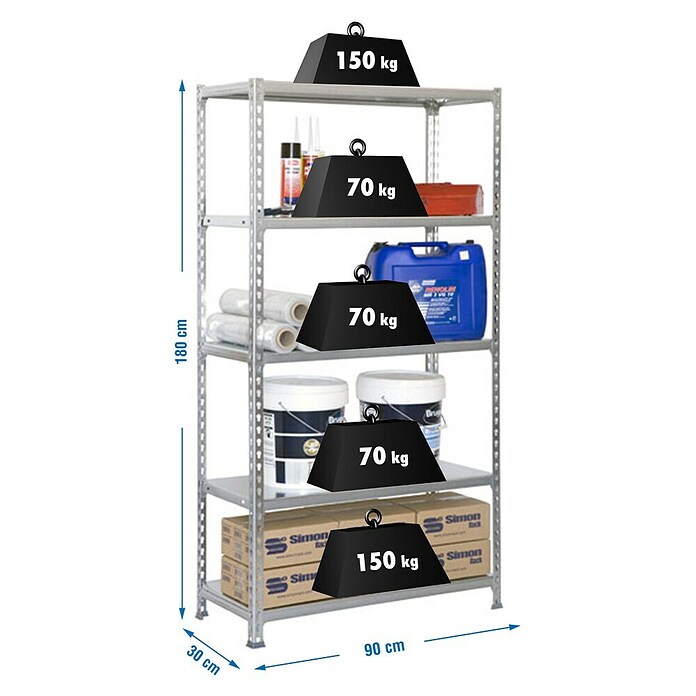 Simonrack Simonclick Metallregal (L x B x H: 30 x 90 x 180 cm, Traglast: 150 kg/Boden, Anzahl Böden: 5 Stk., Silber)