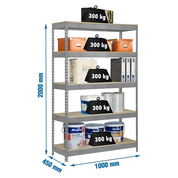 Simonrack Bricoforte Estantería para cargas pesadas Chipboard - Al x An x Pr: 200 x 100 x 45 cm, Capacidad de carga por balda: 300 kg, Número de baldas: 5 ud., Inserción, Galvanizado - Estantería metálica gris, 5 baldas, 2000x1000x450mm, con capacidad de carga de 300 kg por balda.