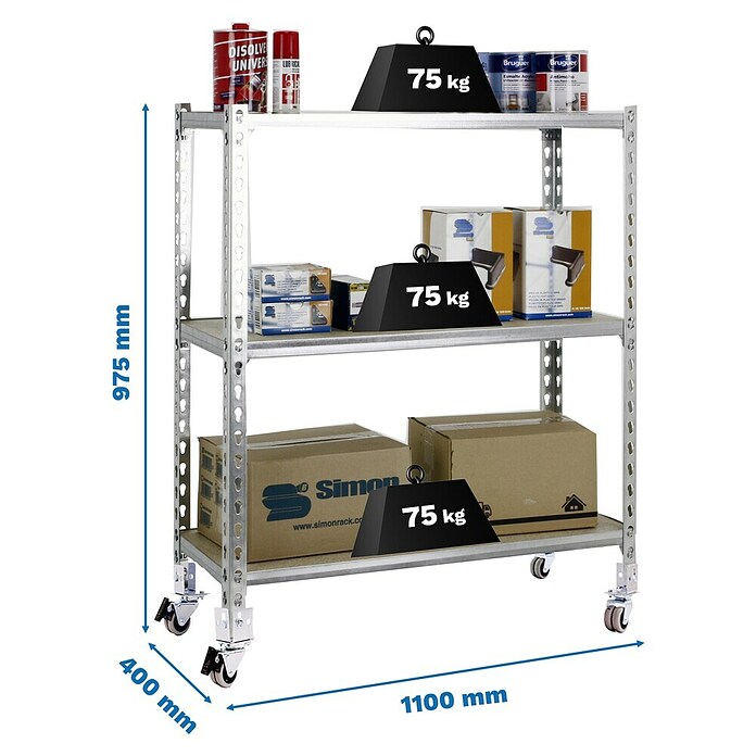 Simonrack Simonclick Estantería metálica Maderclick Mobile (L x An x Al: 40 x 110 x 90 cm, Capacidad de carga: 150 kg/balda, Número de baldas: 3 ud., Plateado)
