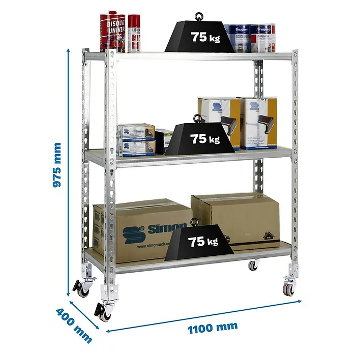 Simonrack Maderclick Estantería metálica Mobile Superplus - Al x An x Pr: 90 x 110 x 40 cm, Número de baldas: 3 ud., Inserción, Galvanizado - Estantería metálica galvanizada con ruedas y tres baldas, medidas (975x1100x400mm), capacidad de carga 75 kg por balda.