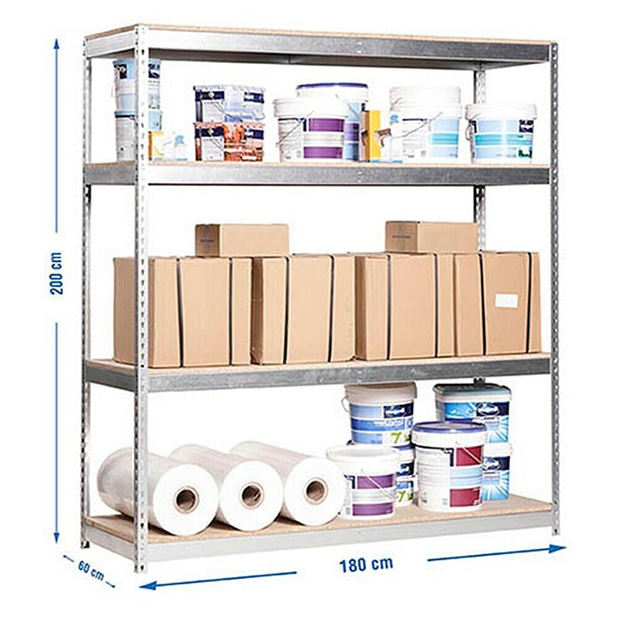Simonrack Simontaller Metall-Schwerlastregal (L x B x H: 60 x 180 x 200 cm, Traglast: 600 kg/Boden, Anzahl Böden: 4 Stk., Silber)