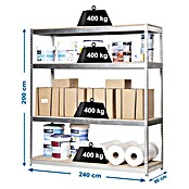 Simonrack Simontaller Metall-Schwerlastregal (L x B x H: 90 x 240 x 200 cm, Traglast: 400 kg/Boden, Anzahl Böden: 4 Stk., Silber)