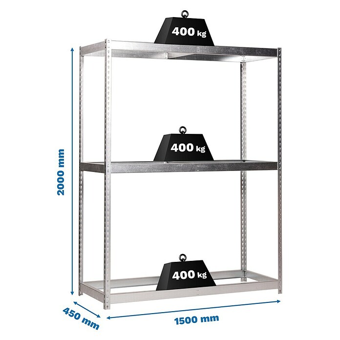 Simonrack Simontaller Estantería para cargas pesadas Ecoforte Galvanizada (L x An x Al: 45 x 150 x 200 cm, Capacidad de carga: 400 kg/balda, Número de baldas: 3 ud., Plateado)