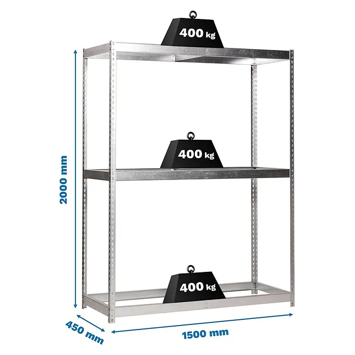 Simonrack Ecoforte Estantería para cargas pesadas Metal - Al x An x Pr: 200 x 150 x 45 cm, Número de baldas: 3 ud., Inserción, Galvanizado, Capacidad de carga por balda: 400 kg, Bandejas no incluidas - Estantería metálica plateada con 3 estantes, 2000x1500x450 mm (AlxAnxPr), cada estante soporta 400 kg.