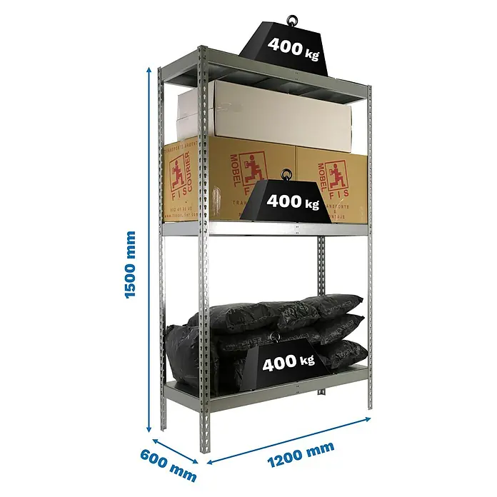 Simonrack Simontaller Schwerlastregal Ecoforte Metall - H x B x T: 150 x 120 x 60 cm, Traglast pro Boden: 400 kg, Anzahl Böden: 3 Stk., Stecken, Silber - Ein Regal mit drei Ebenen, beladen mit Kisten und Säcken, wobei jede Ebene zusätzlich mit einem 400 kg Gewicht belastet ist.