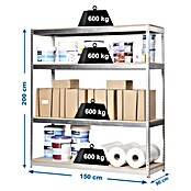Simonrack Simontaller Metall-Schwerlastregal (L x B x H: 90 x 150 x 200 cm, Traglast: 600 kg/Boden, Anzahl Böden: 4 Stk., Silber)