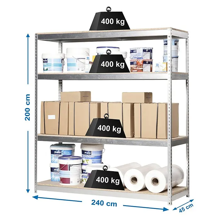 Simonrack Simonforte Schwerlastregal Simonforte Chipboard - H x B x T: 200 x 240 x 45 cm, Traglast pro Boden: 400 kg, Anzahl Böden: 4 Stk., Stecken, Silber - Bild eines Metallregals mit vier Ebenen, beladen mit verschiedenen Gegenständen und einer Gewichtsangabe.
