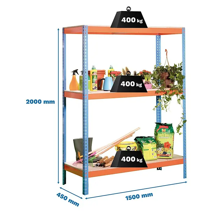 Simonrack Ecoforte Estantería para cargas pesadas Metal - Al x An x Pr: 200 x 150 x 45 cm, Número de baldas: 3 ud., Inserción, Azul/Naranja, Capacidad de carga por balda: 400 kg, Bandejas no incluidas - Estantería metálica resistente, azul y naranja, con 3 estantes de madera, capacidad de 400 kg por estante, 2000x1500x450 mm.